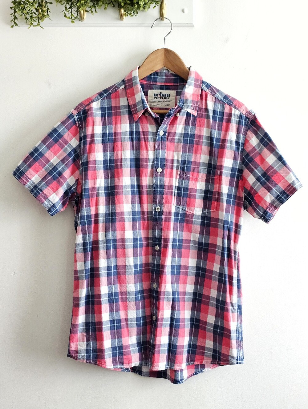 Urban Pipeline Men's Large Plaid Button-Down Shirt Pink Blue White 100% Cotton